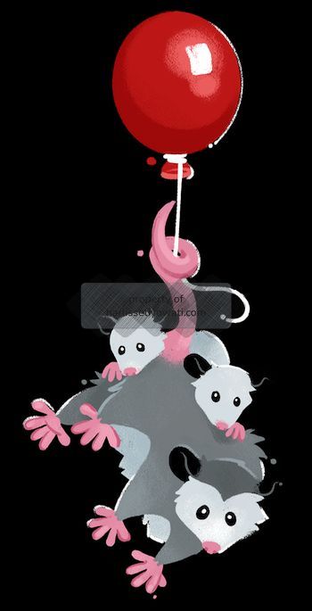 A possum parent and two possum kids hanging from the iconic red balloon